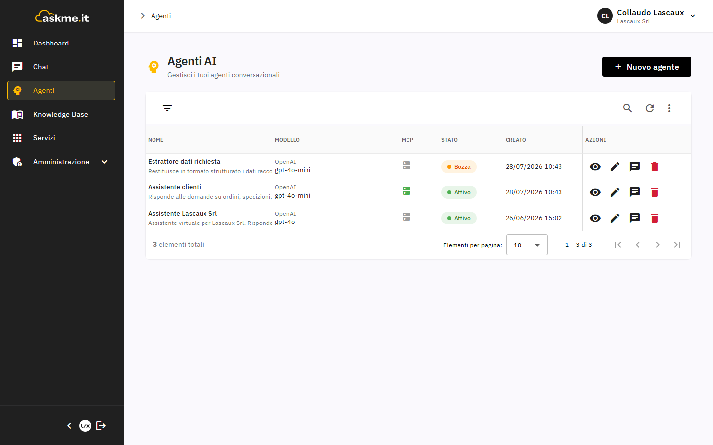 Elenco degli agenti configurati per il tenant