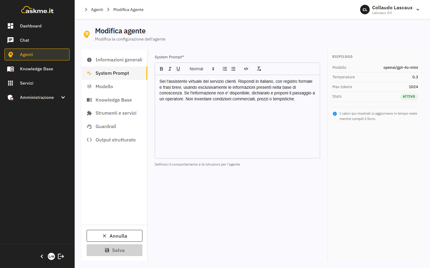 Editor del system prompt