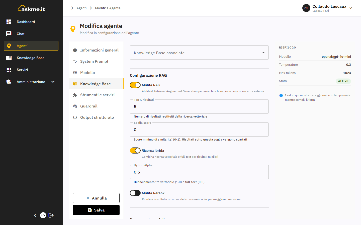 Sezione di configurazione RAG nella scheda di un agente