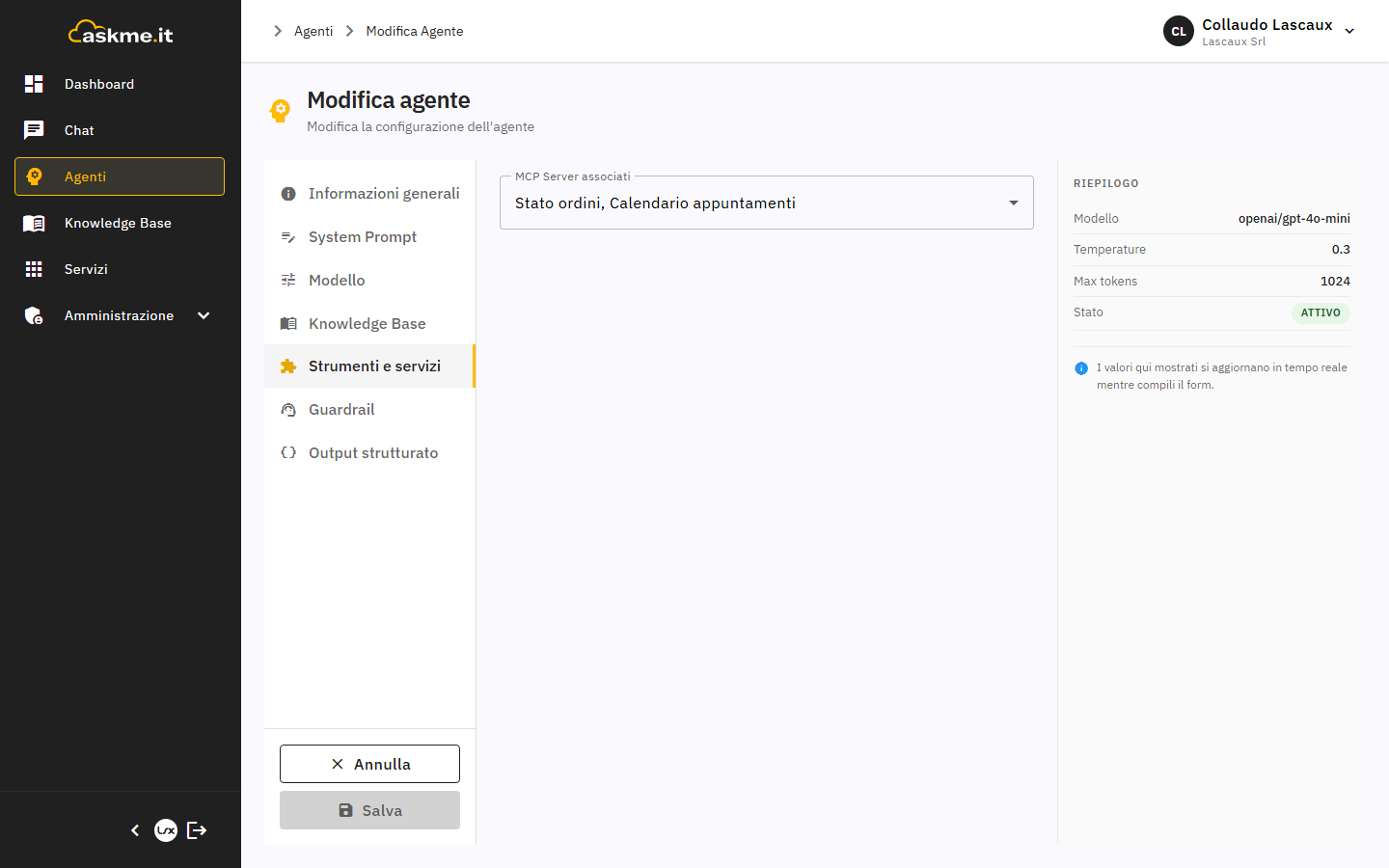 Selezione dei server MCP nella configurazione dell'agente