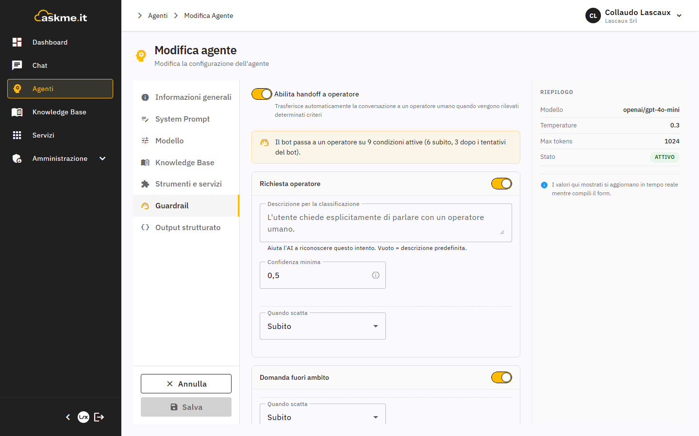 Configurazione dell'handoff sull'agente