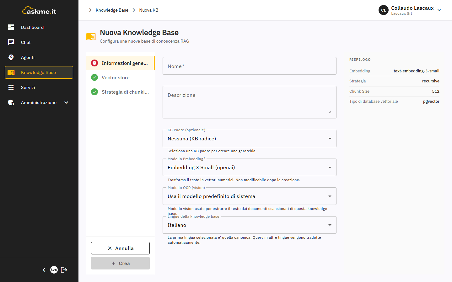 Form di creazione di una Knowledge Base