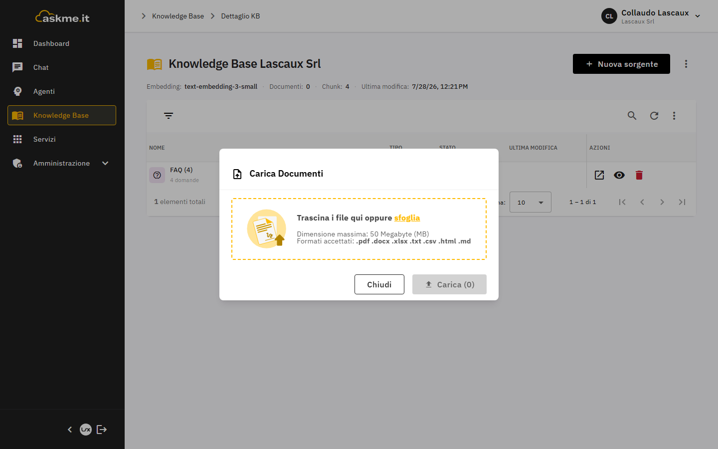 Caricamento di documenti nella Knowledge Base