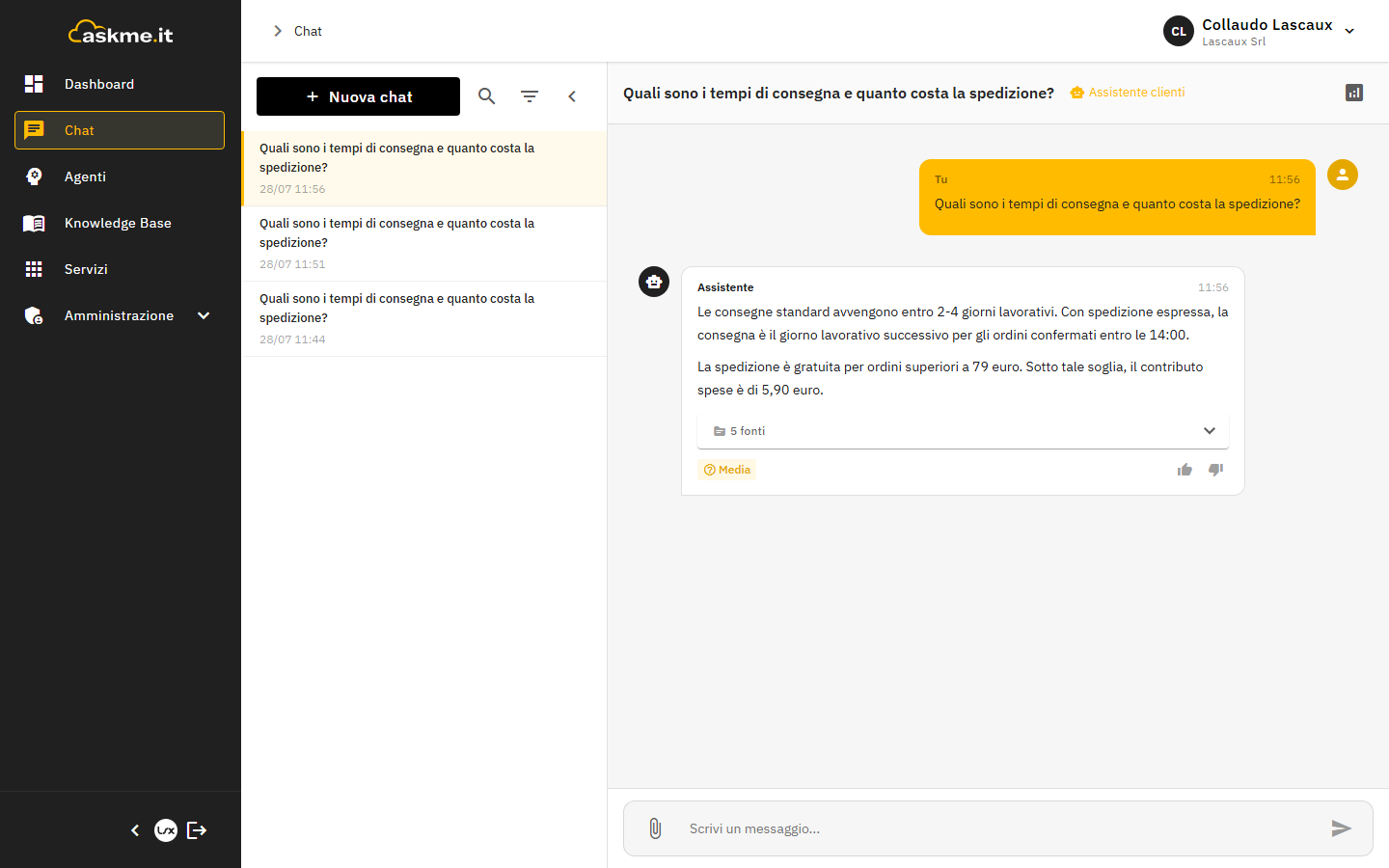 Conversazione di prova nella console Chat