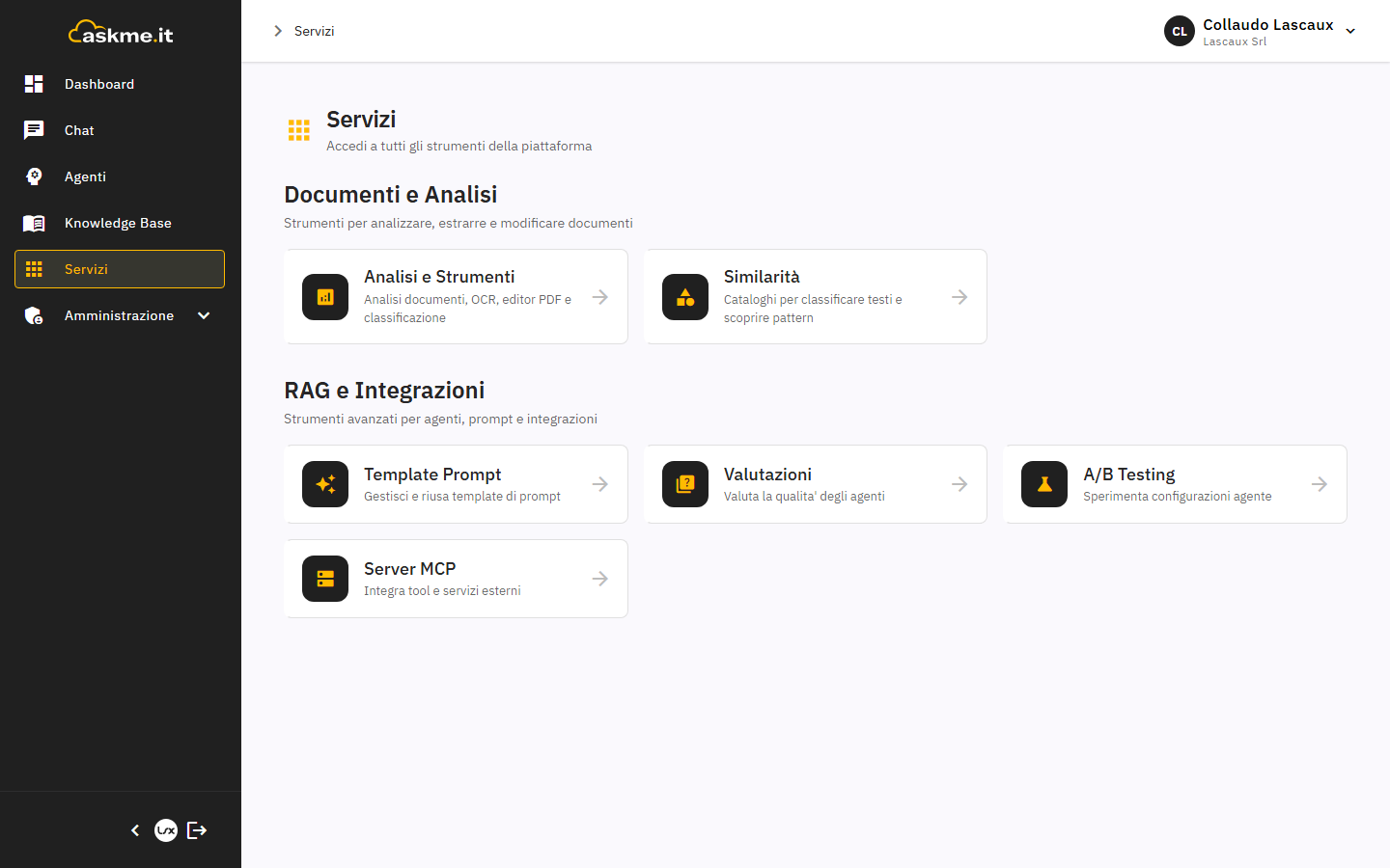 Hub dei Servizi con le card di accesso ai singoli servizi