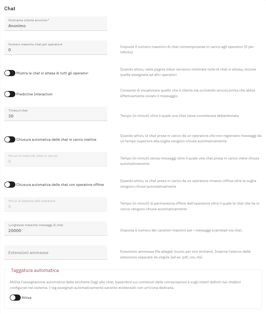 Tab Chat con i parametri di comportamento delle conversazioni e le chiusure automatiche