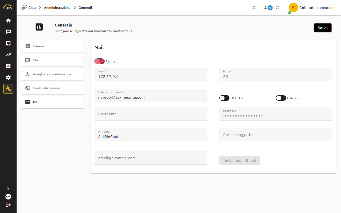 Tab di configurazione SMTP con pulsante di invio email di test