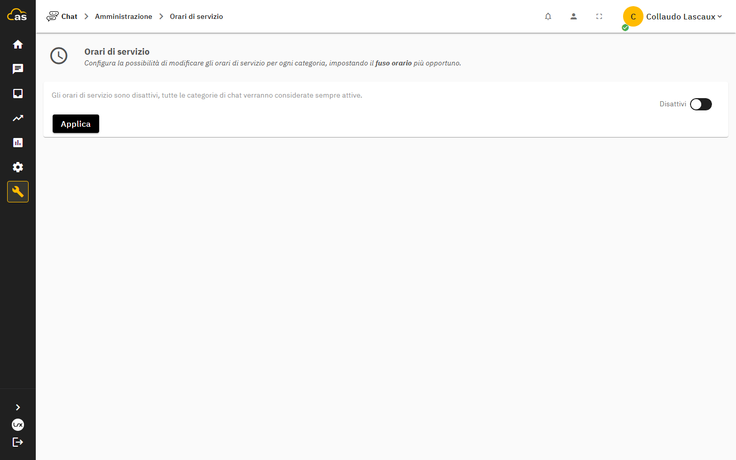 Pannello di configurazione degli orari di servizio