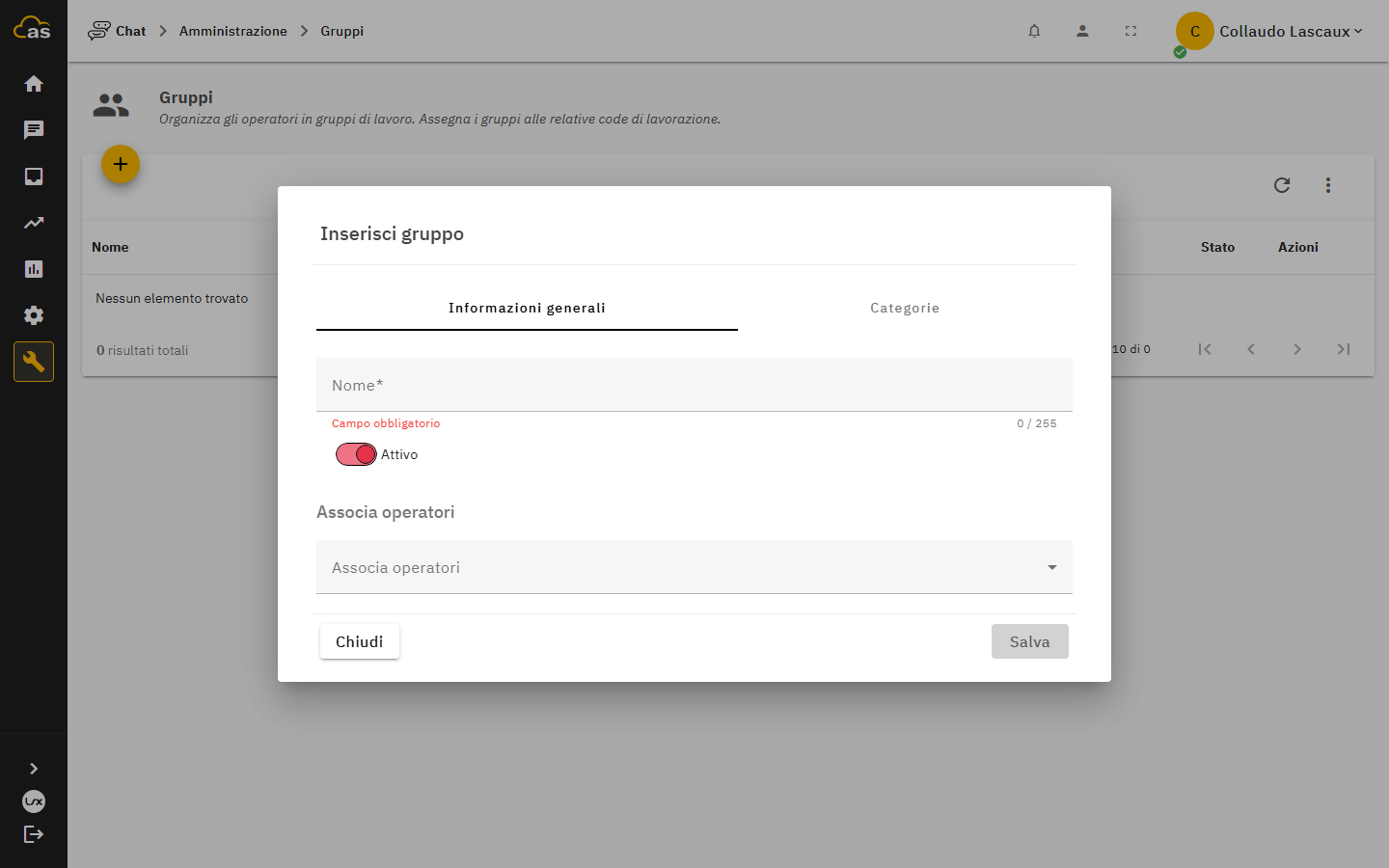 Form di creazione di un gruppo con membri e categorie