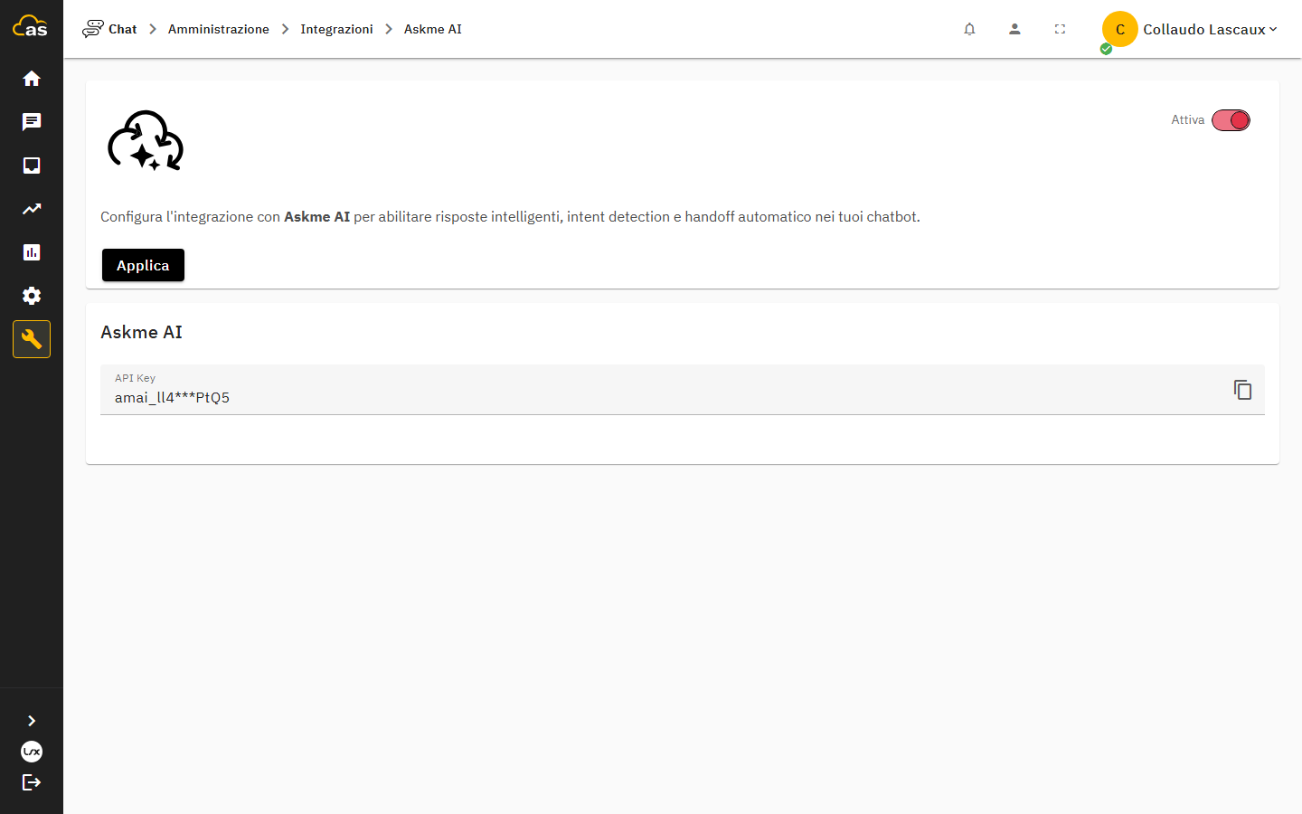 Tessera dell'integrazione Askme AI con il campo per la chiave API