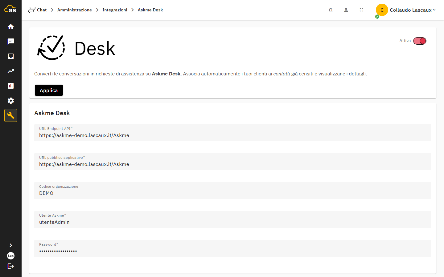 Form di configurazione dell'integrazione Askme Desk
