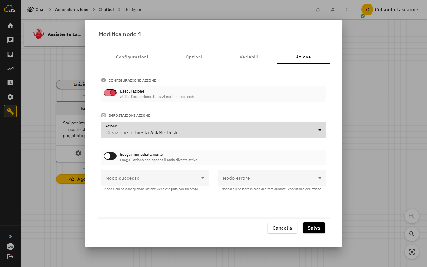 Configurazione dell'azione Askme Desk su un nodo del workflow