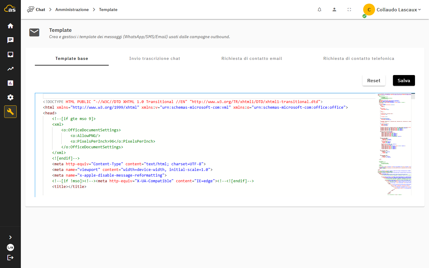 Editor di un template email con variabili dinamiche