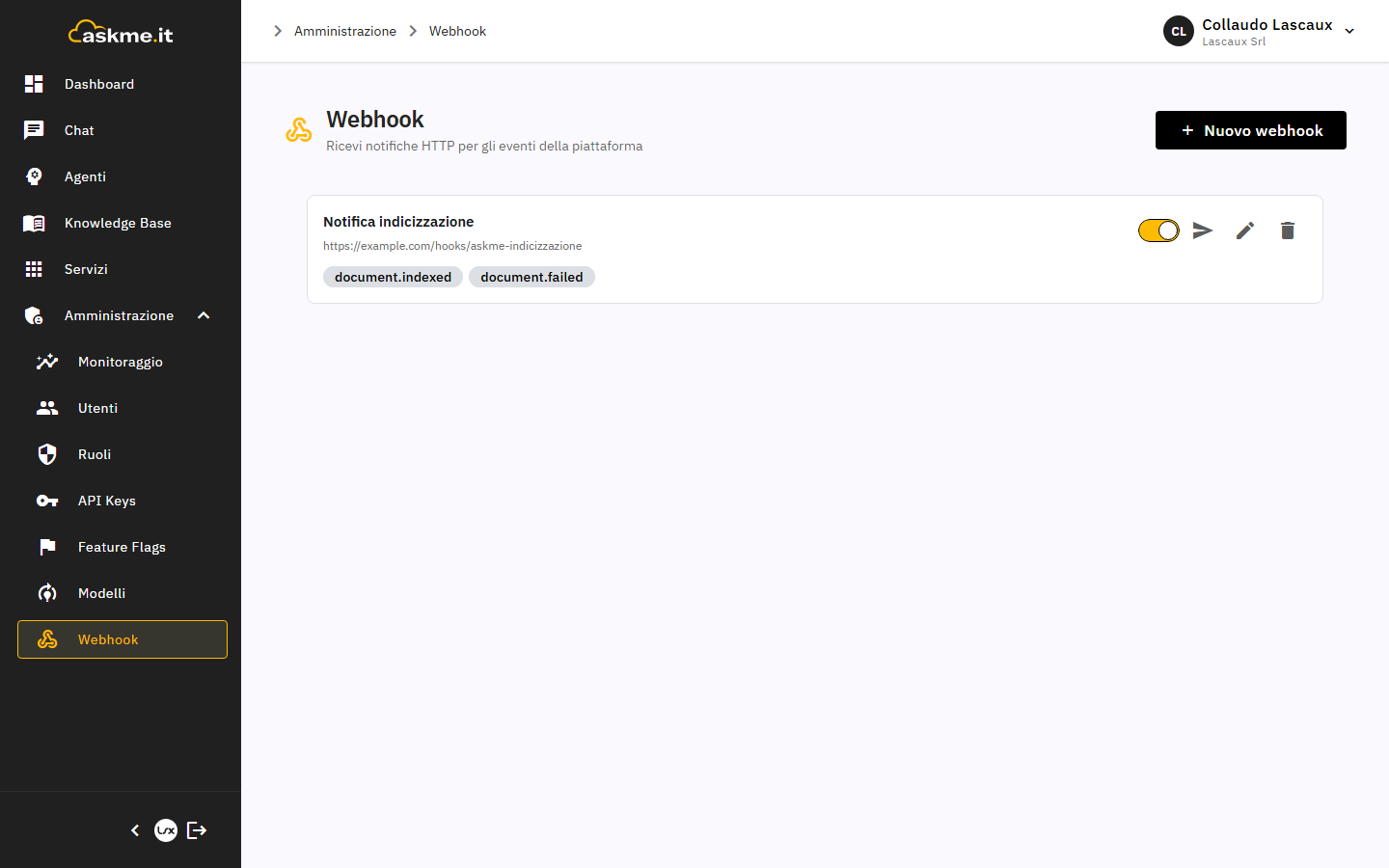 Elenco webhook e dialogo eventi