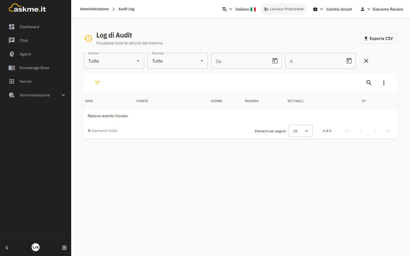Audit log con filtri ed esportazione