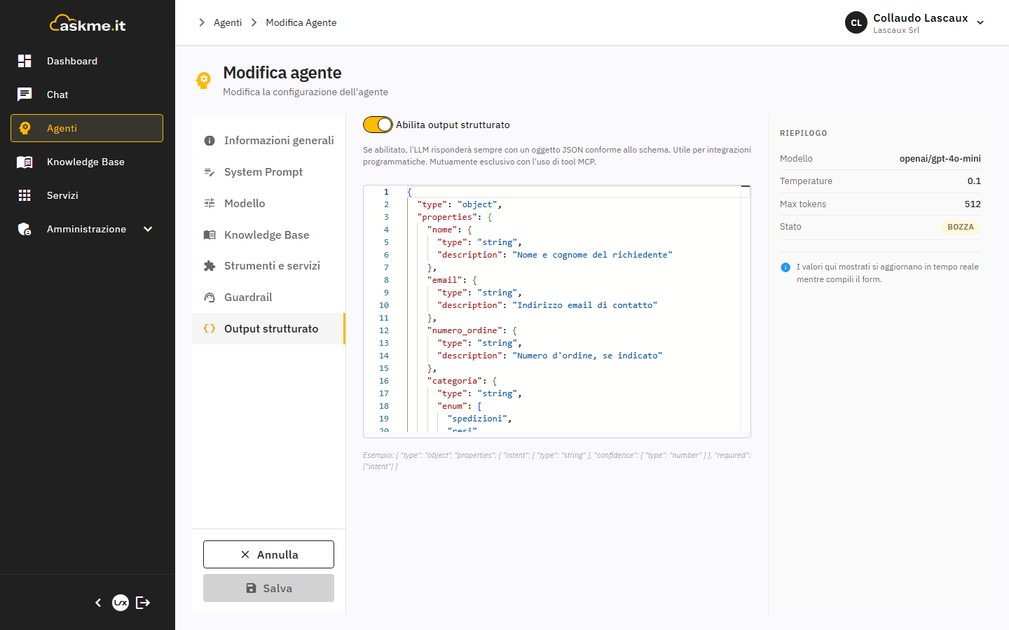 Editor dello schema JSON per l'output strutturato