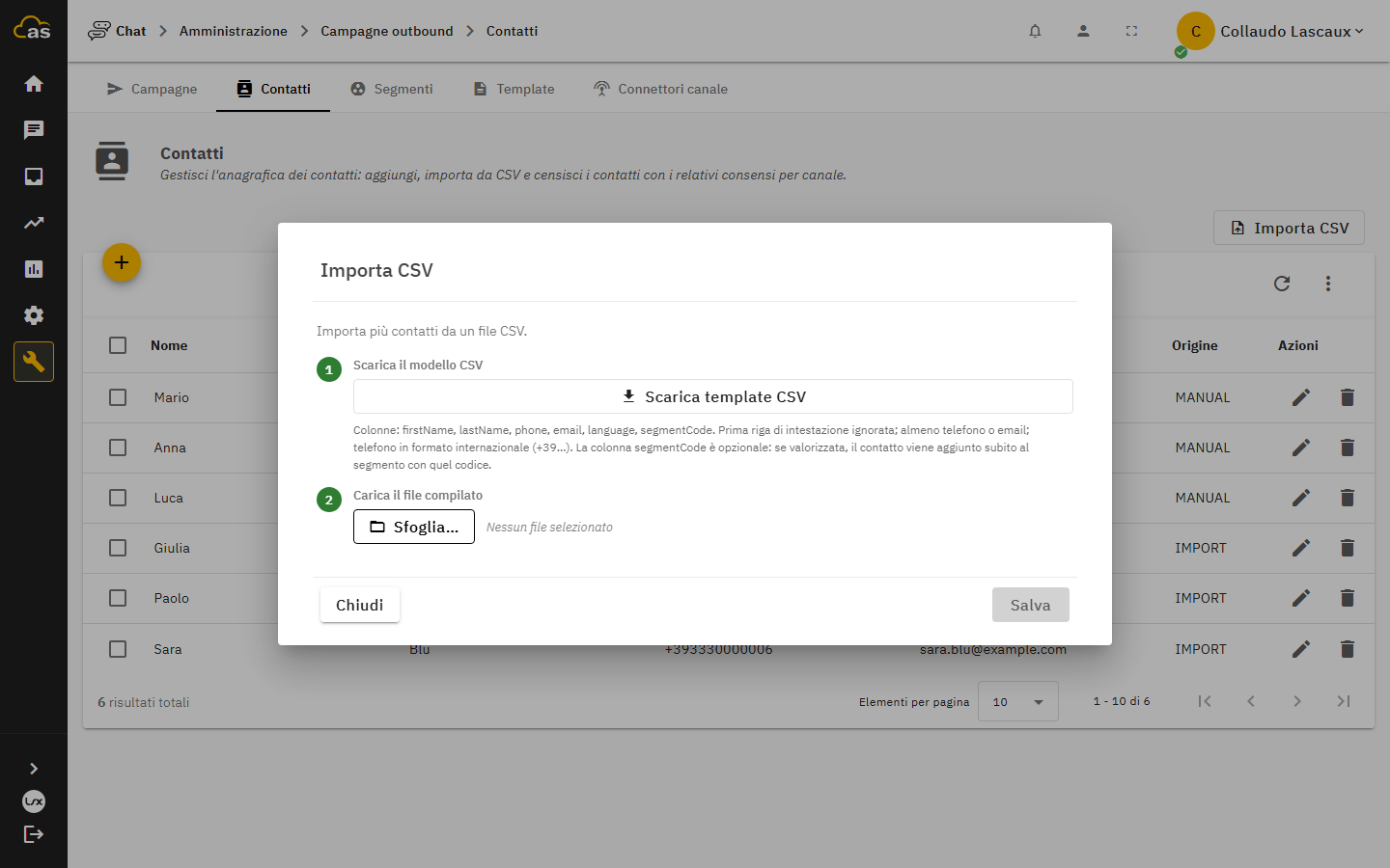 Finestra di importazione CSV con il modello scaricabile e il riepilogo dell'esito dell'importazione
