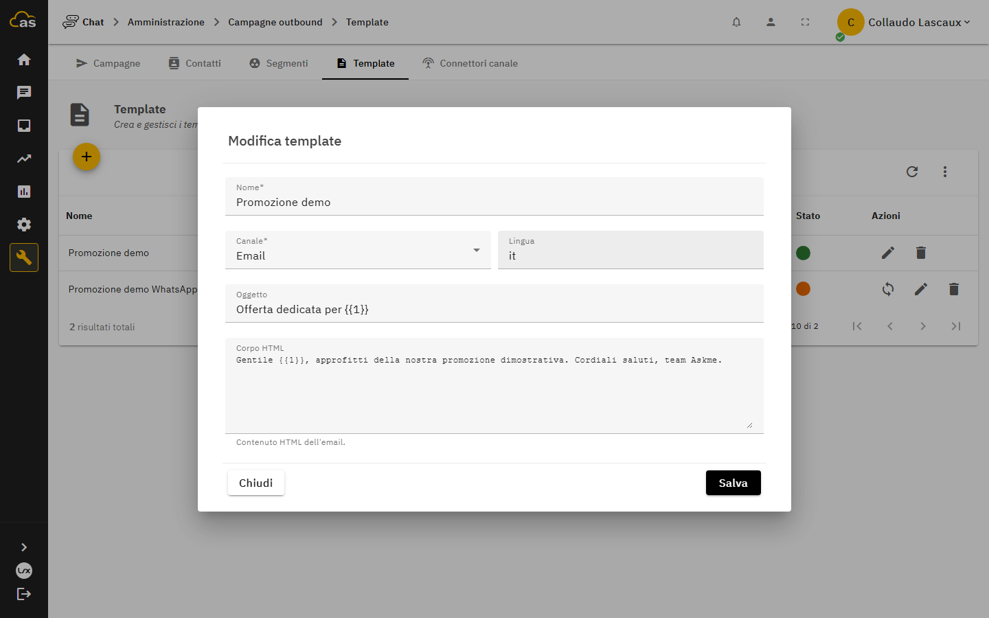 Modifica di un template con canale, lingua, oggetto e corpo del messaggio