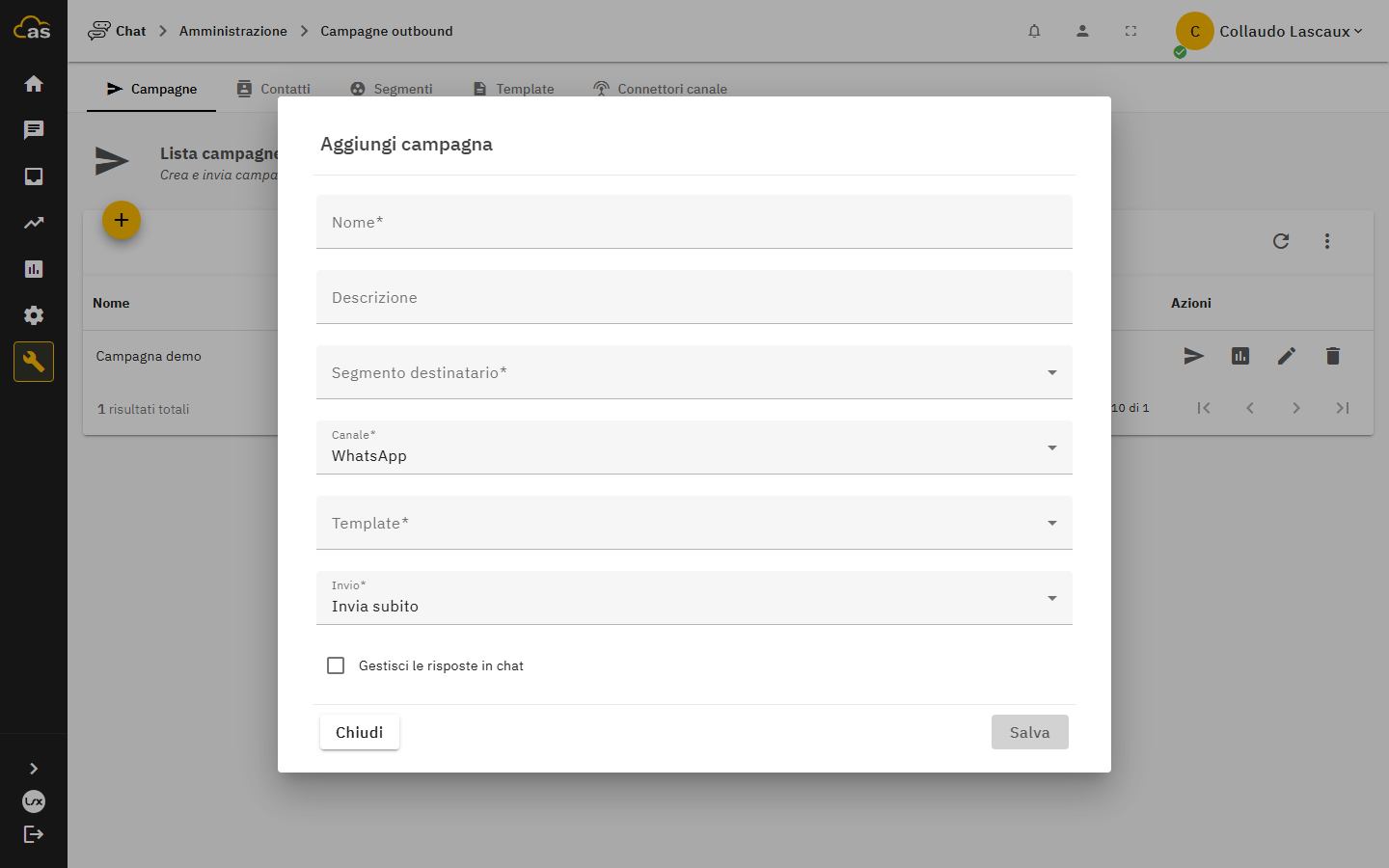 Form di creazione della campagna con segmento destinatario, canale, template e modalità di invio
