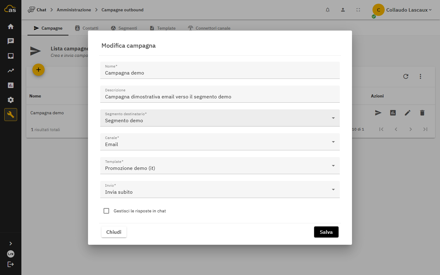 Modifica di una campagna con segmento destinatario, canale, template e modalità di invio
