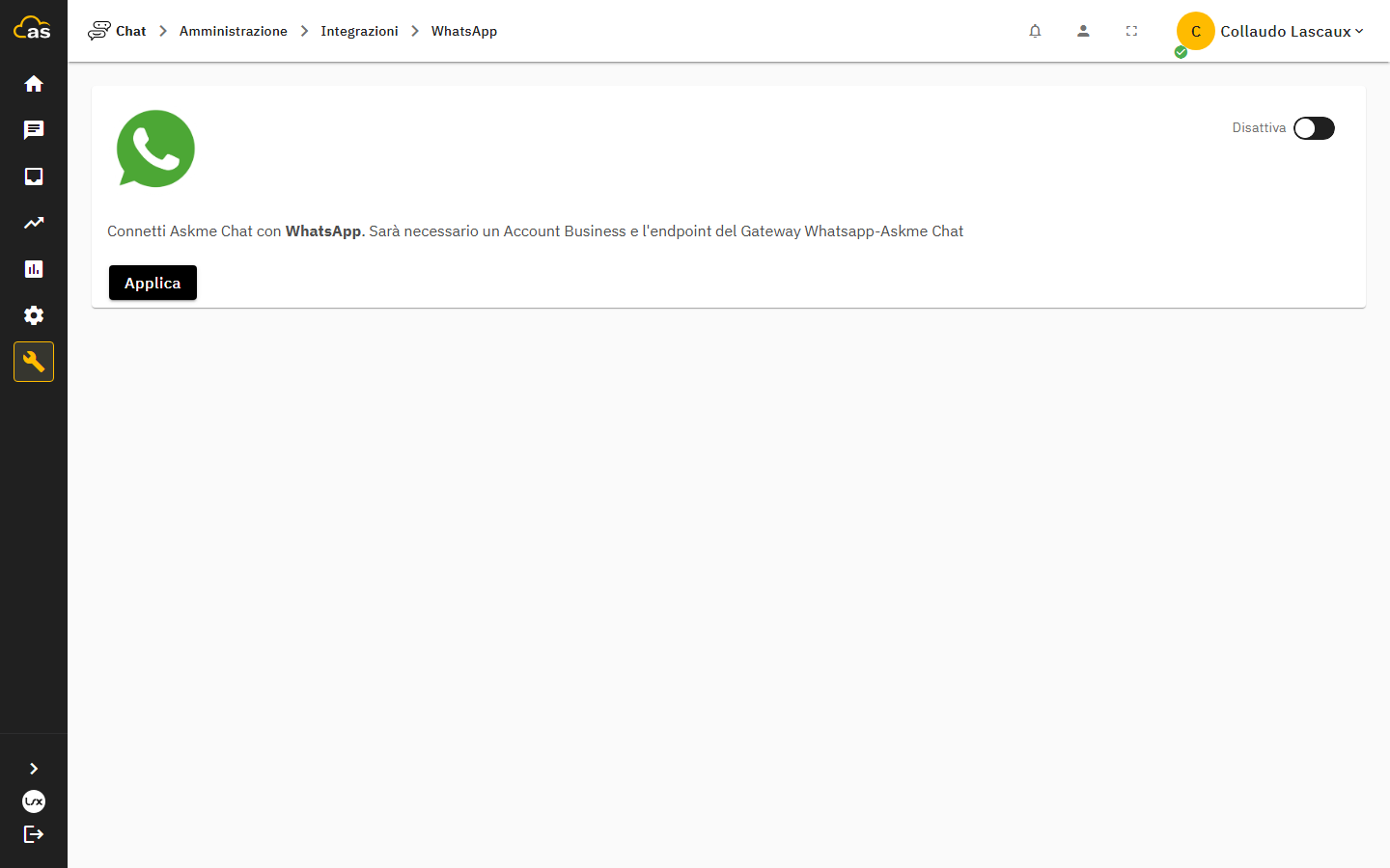 Form di configurazione dell'integrazione WhatsApp