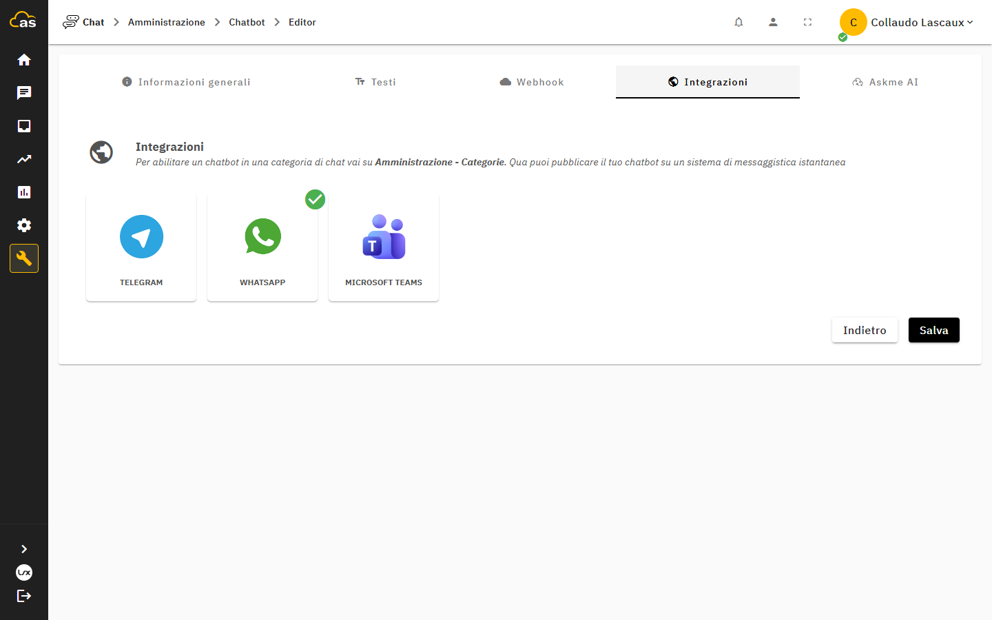 Tab Integrazioni dell'editor bot, sezione WhatsApp