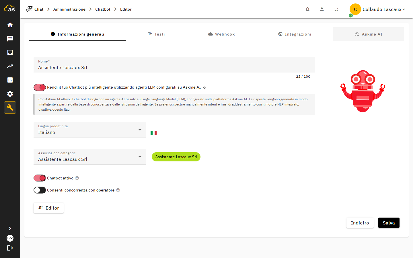 Toggle di attivazione della modalità Askme AI nell'editor del chatbot
