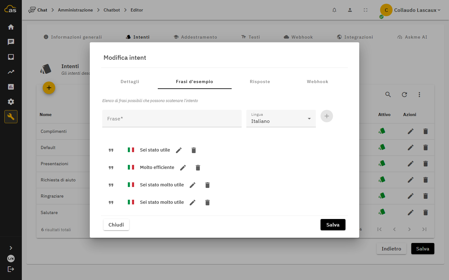 Dialogo di configurazione di un intento, tab Frasi d'esempio
