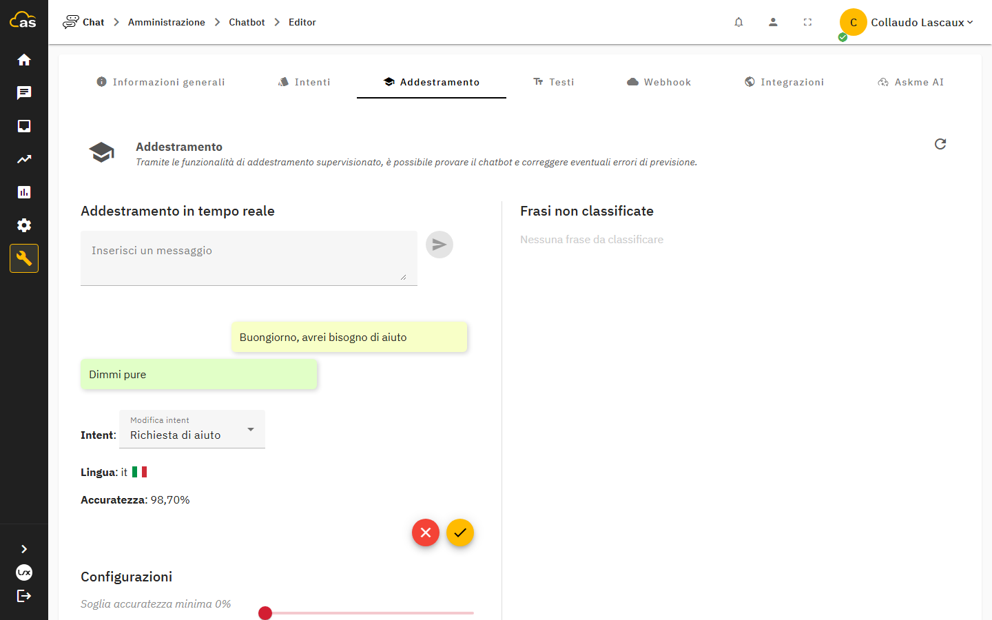 Pannello di addestramento con frase di test e accuratezza rilevata
