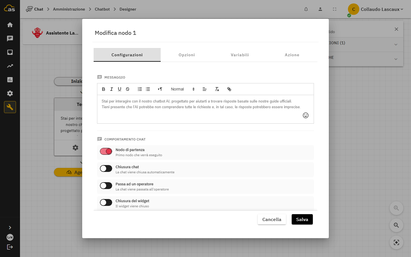Dialogo di configurazione di un nodo, tab Configurazioni