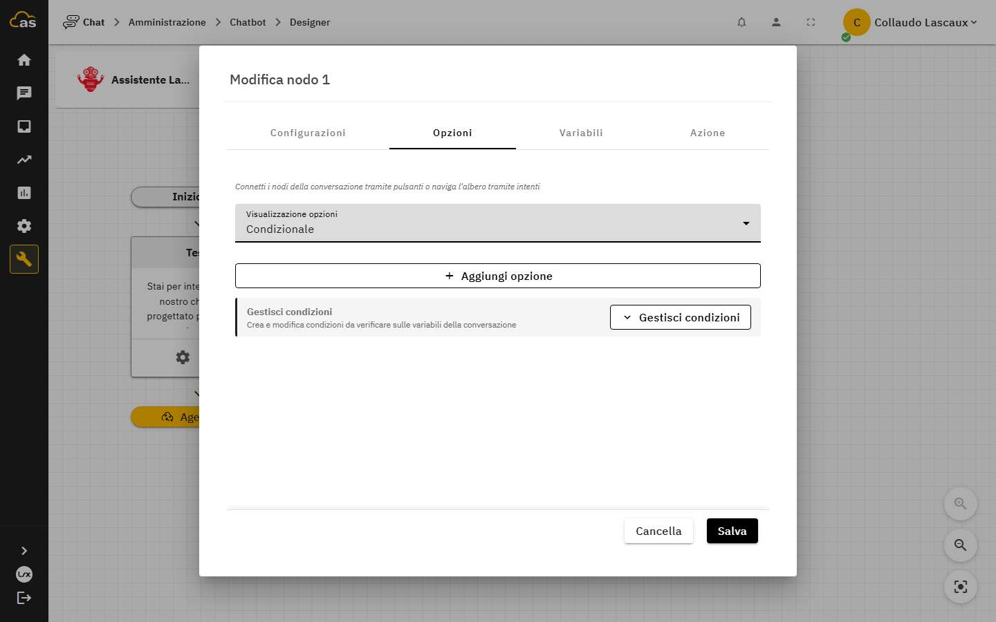 Pannello di gestione delle condizioni di un nodo