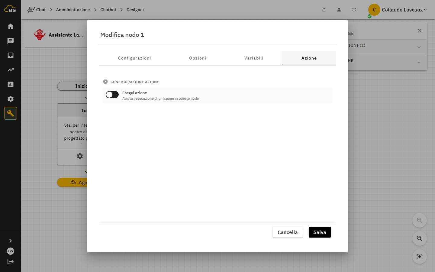 Dialogo di configurazione, tab Azione