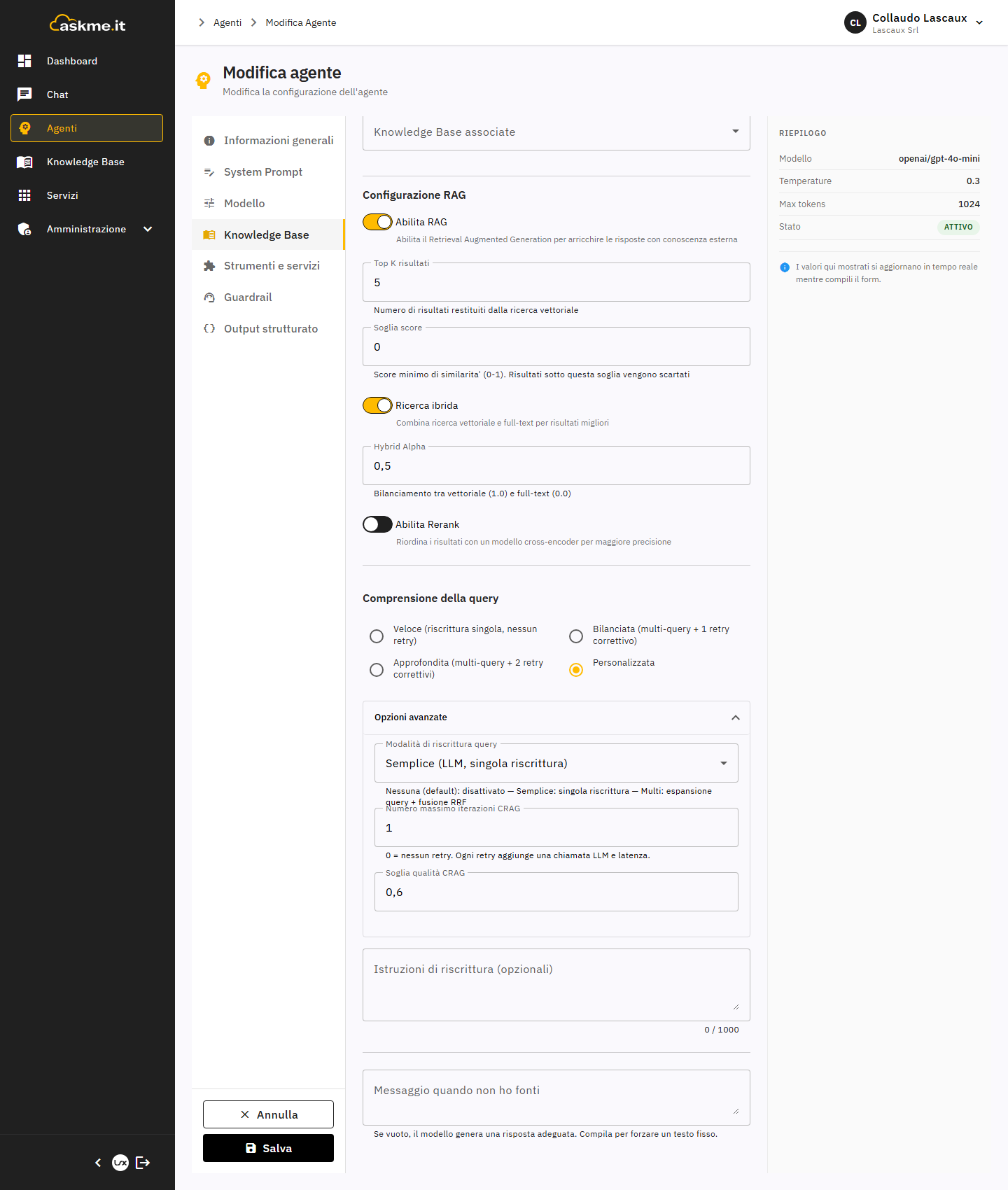Preset "Comprensione della query" con le opzioni avanzate aperte