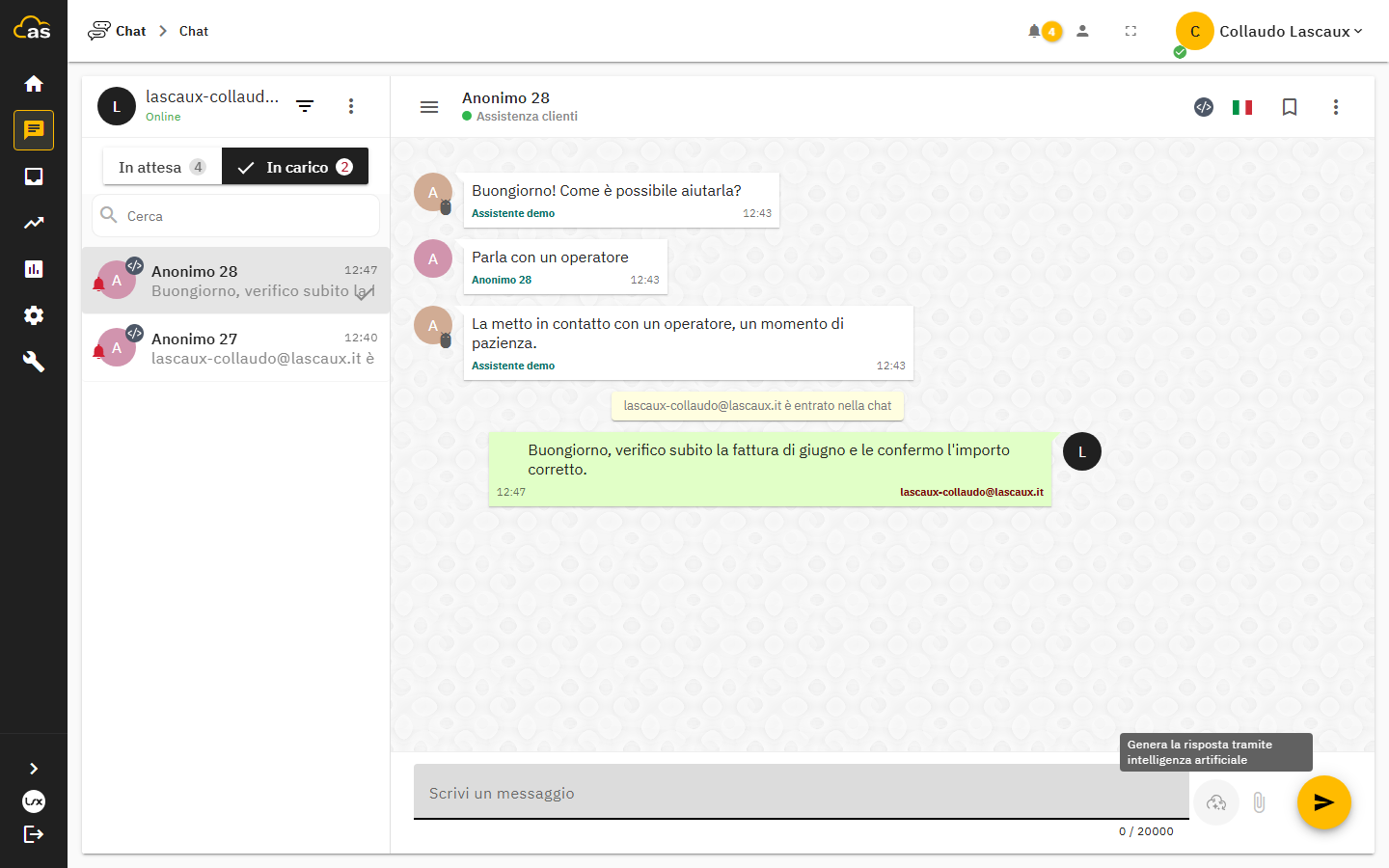Pulsante per il suggerimento di risposta con Askme AI e proposta generata