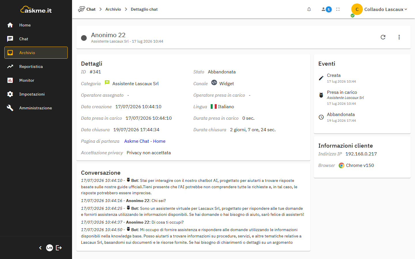 Dettaglio di una chat con trascrizione e timeline