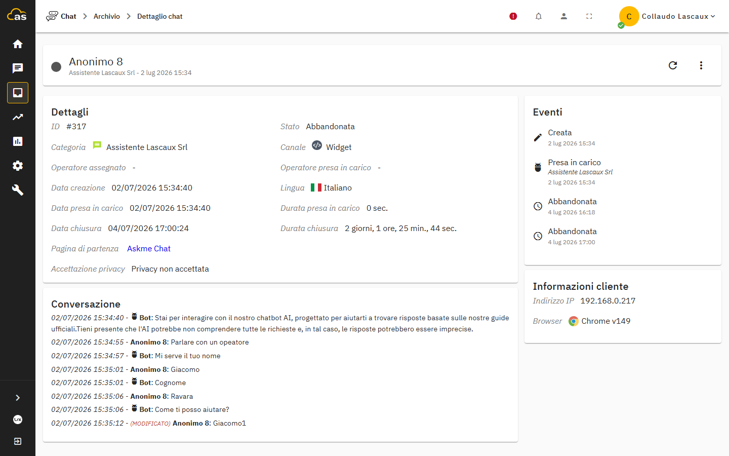 Riquadro con riepilogo e sentiment generati da Askme AI