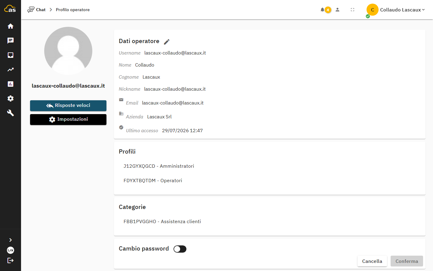 Pagina del profilo operatore