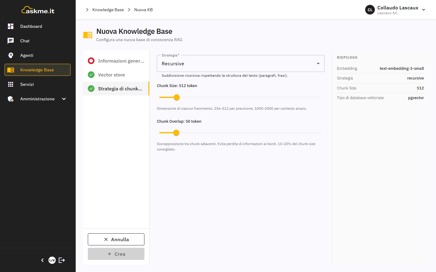 Sezione strategia di chunking nel form di creazione della Knowledge Base