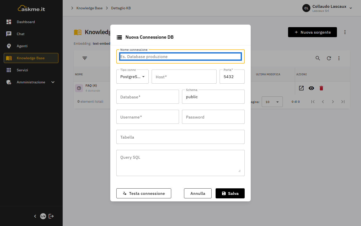 Form di configurazione della sorgente database