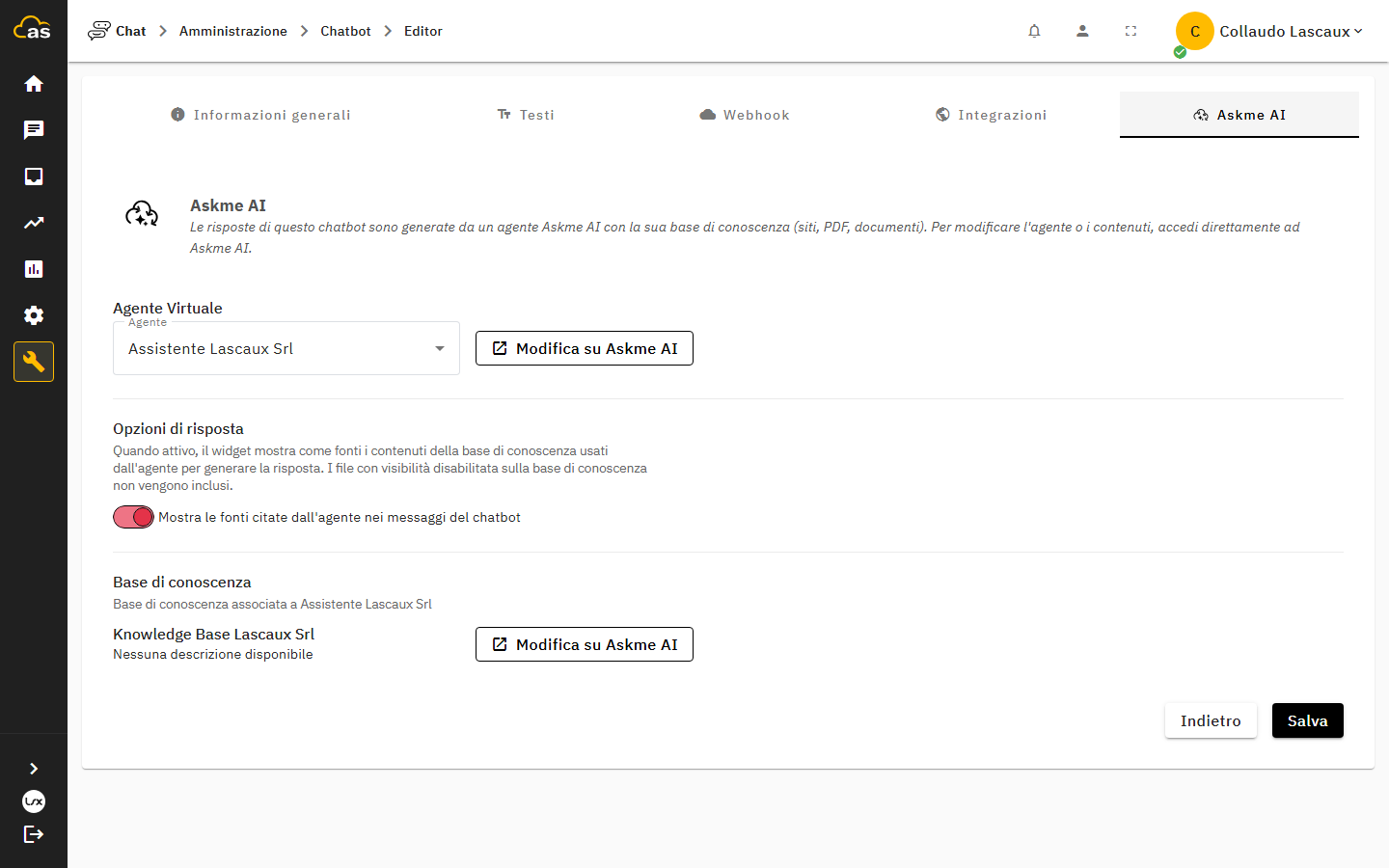Tab Askme AI dell'editor del chatbot, con selezione dell'agente