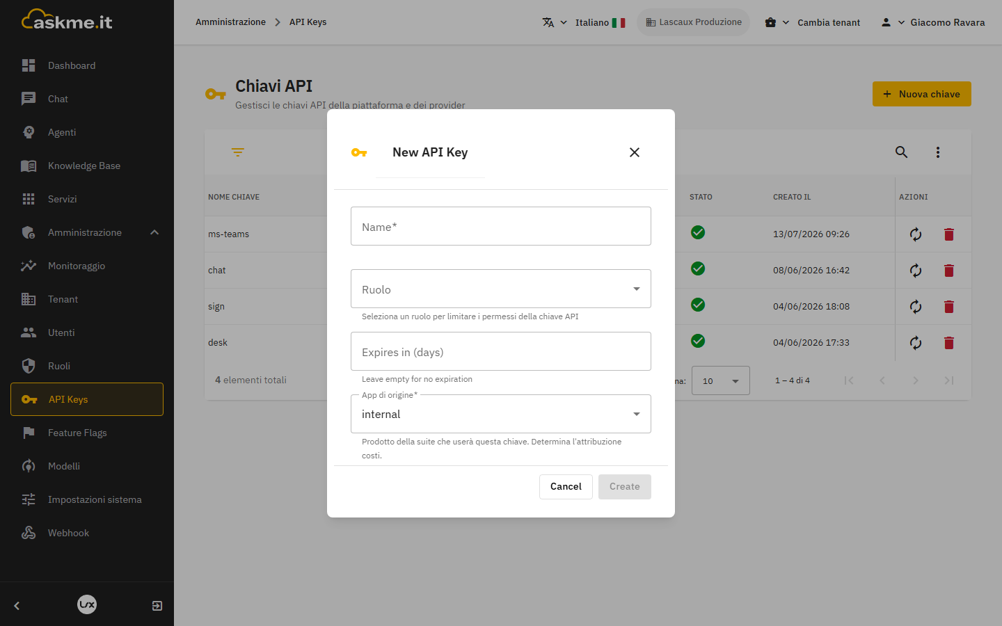 Creazione di una chiave API con il campo App di origine valorizzato