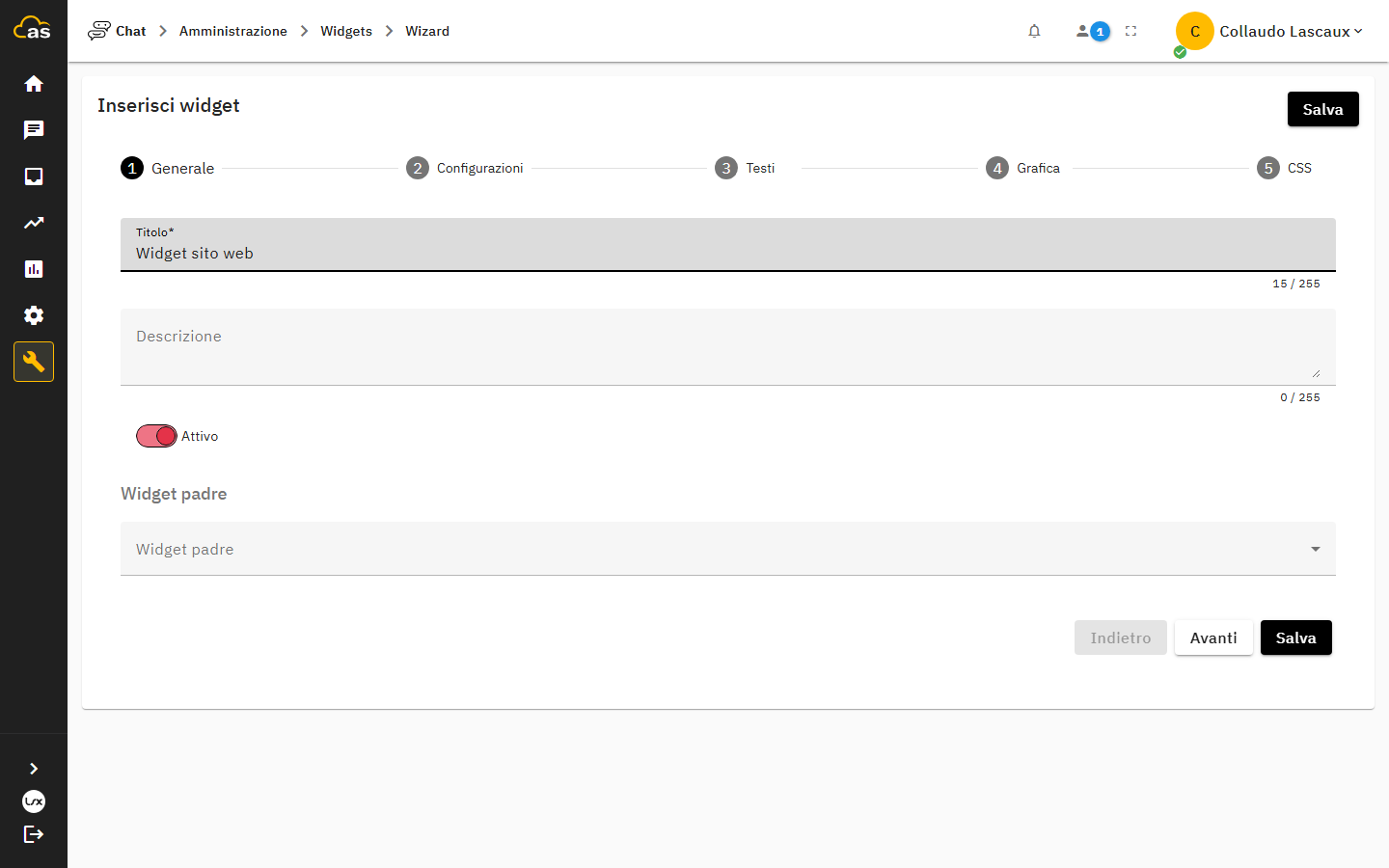 Passo Generale del wizard di creazione widget