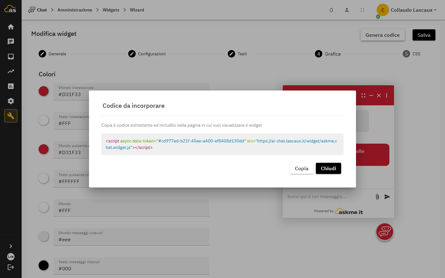 Dialog con il codice di incorporamento del widget