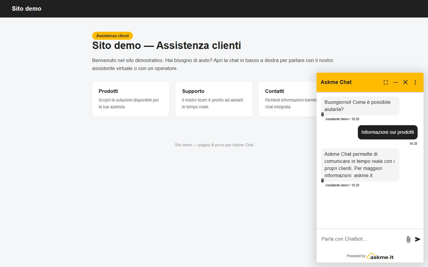 Widget di chat aperto sul sito di prova con la conversazione avviata dal chatbot