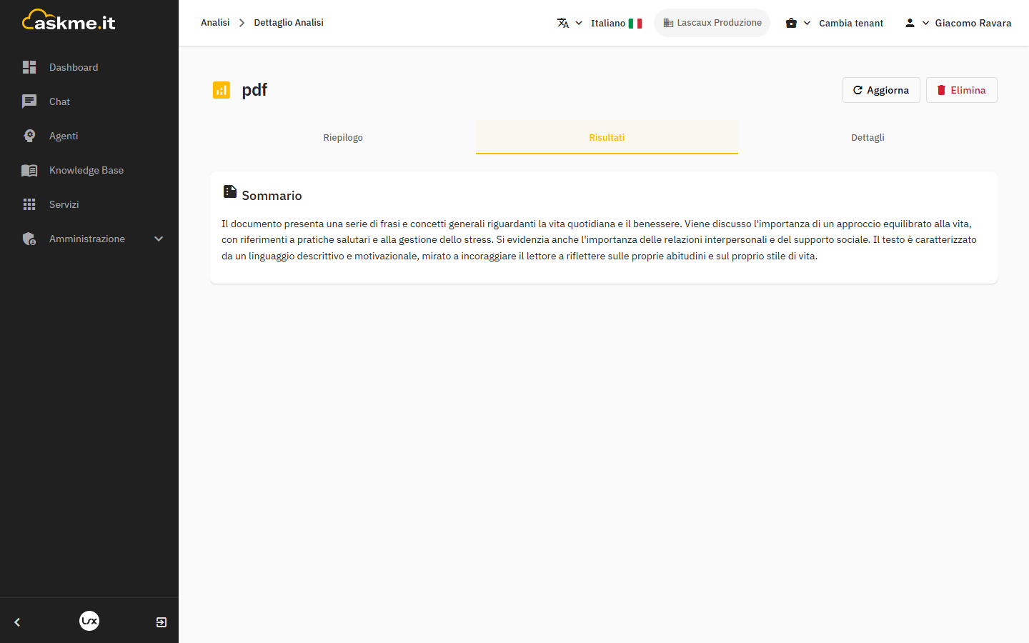 Risultato di un'analisi completata con il riassunto generato