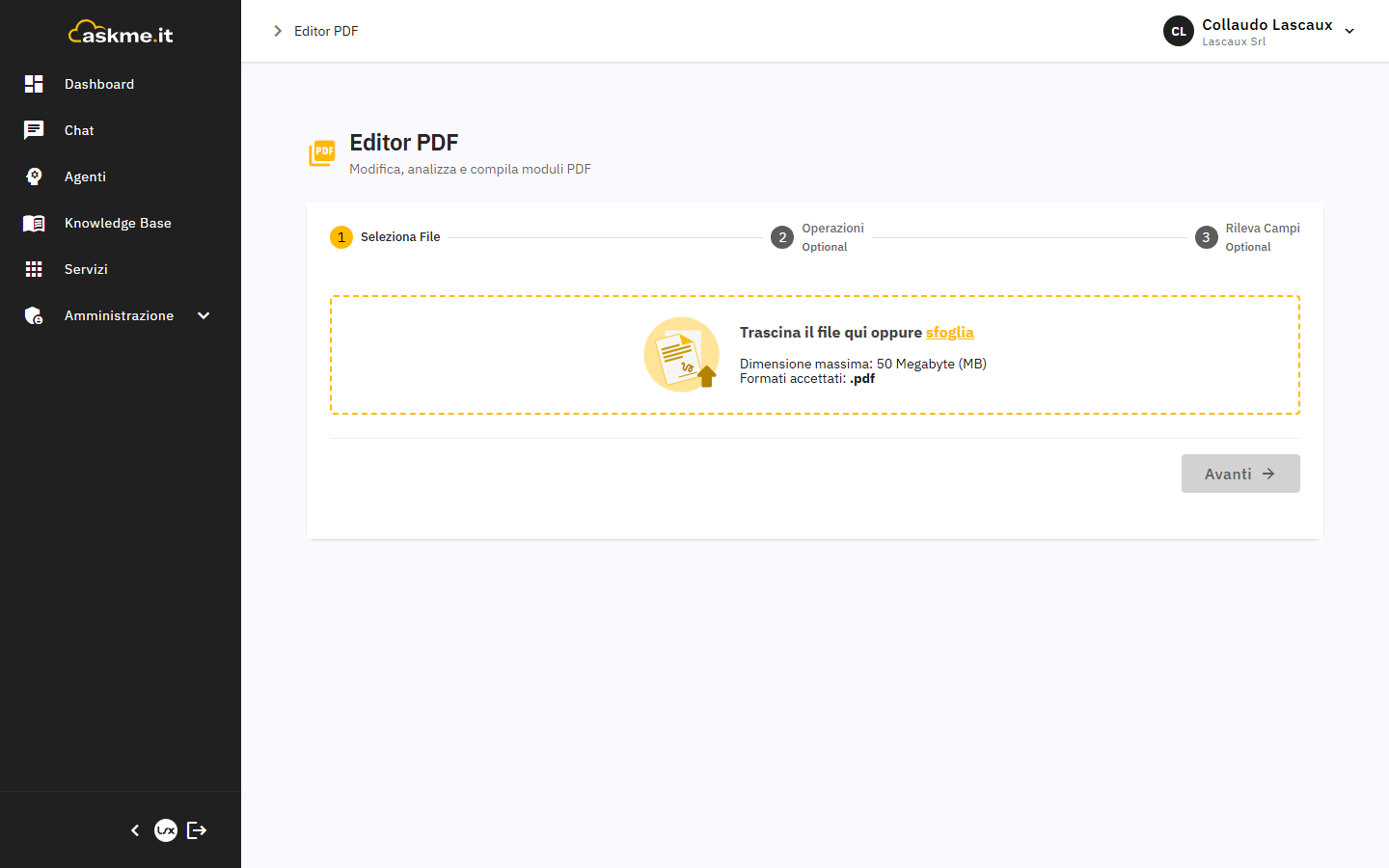 Editor PDF con operazioni di rimozione pagine e aggiunta di un campo firma