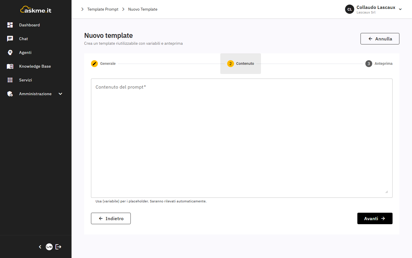 Passo Contenuto dell'editor con i placeholder rilevati automaticamente