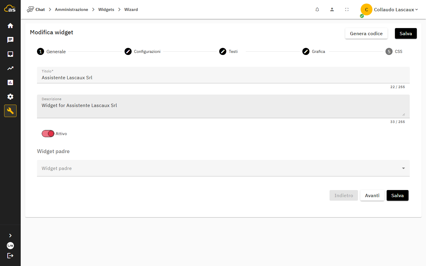 Selezione del widget padre nel passo Generale