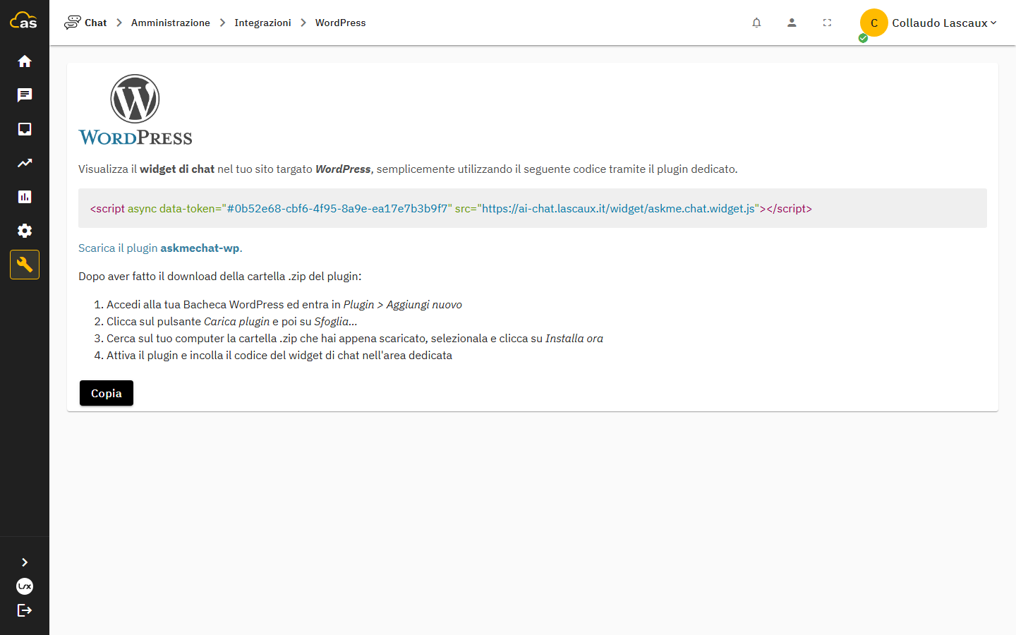 Pannello del plugin WordPress dedicato